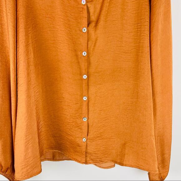 Soft Surroundings orange ruffle button front boho satin office top large - Picture 3 of 8